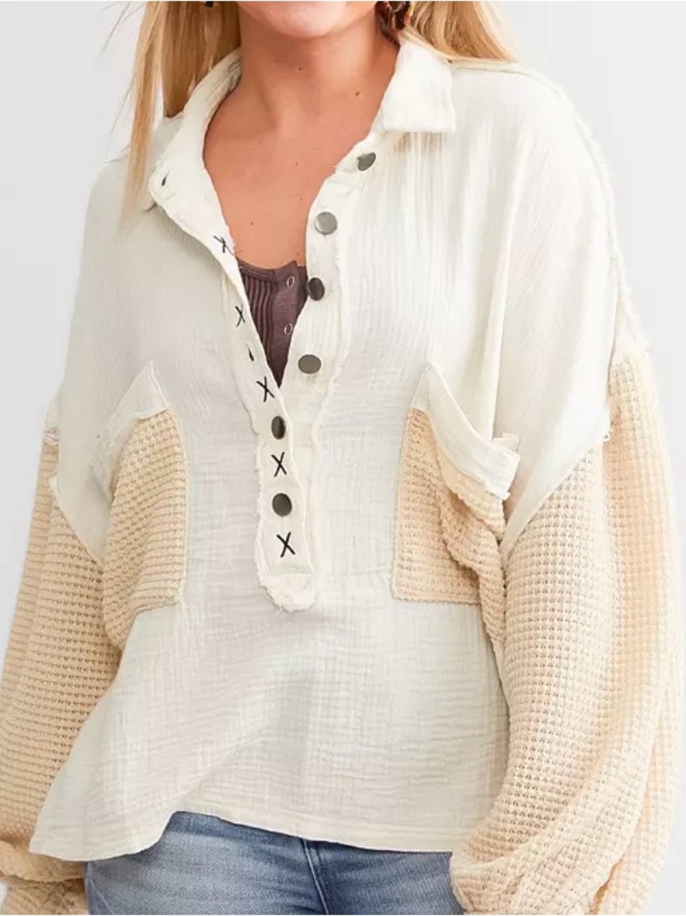 POL Light Pink Relaxed Boho Waffle Knit Button Down Spring 100% Cotton Pullover